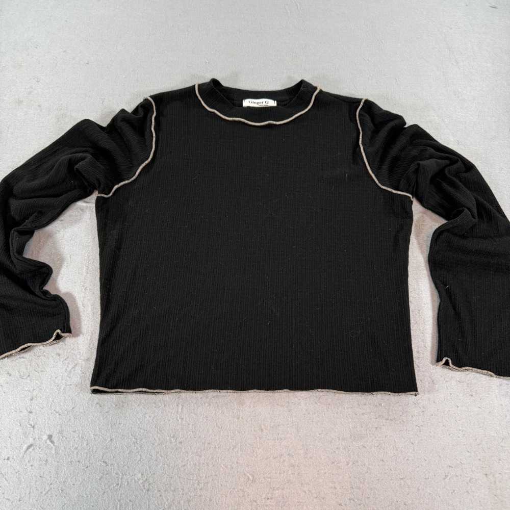 Ginger G‎ Ribbed Long Sleeve Crop Top Black Contrast Stitch Womens Small